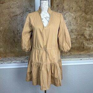 SWF A Line Poplin Mini Dress Small Tiered Puff Sleeve Bohemian Light Brown